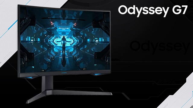 Schwarzer Odyssey G7-Monitor auf einem Standfuß. Auf dem Bildschirm ist eine blaue Sci-Fi-Szene zu sehen.