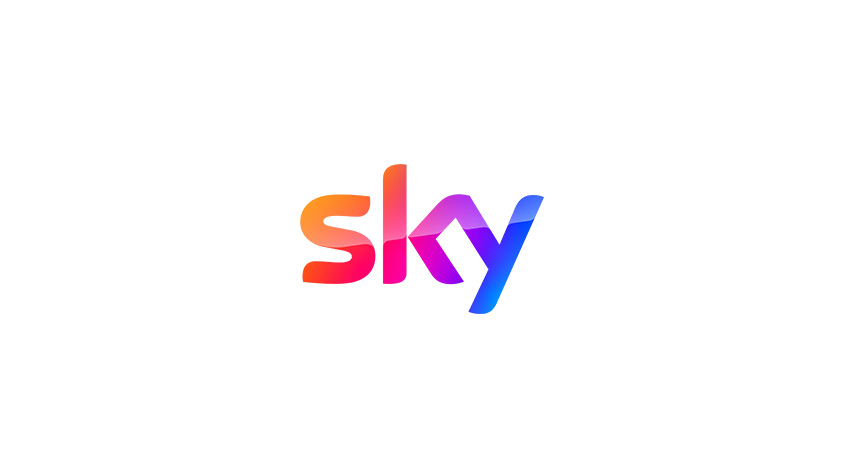 Das "Sky"-Logo in Orange, Pink und Blau auf einem weißen Hintergrund.
