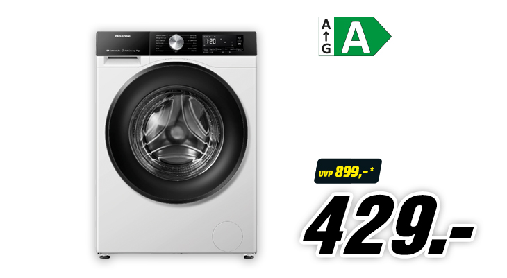 Frontlader-Waschmaschine in Weiß mit großem Bullauge und Digitalanzeige, Energieeffizienzklasse A, statt UVP 899 Euro jetzt für 429 Euro.