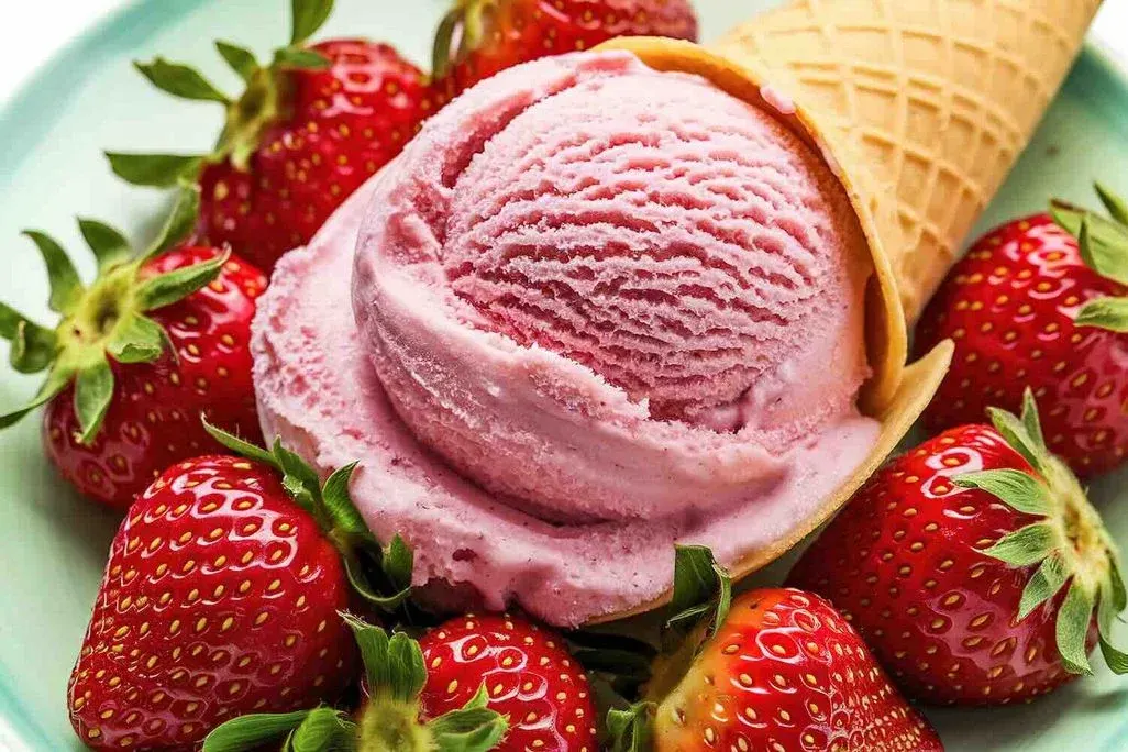 Erdbeereis in einer Tüte mit frischen Erdbeeren auf einem Teller angerichtet.