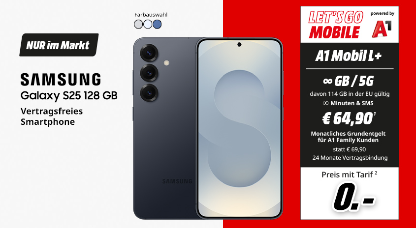Samsung Galaxy S25, 128 GB, verschiedene Farben, vertragsfrei im Markt, mit Let's Go Mobile powered by A1 Mobil L+ Tarif um  € 0,-