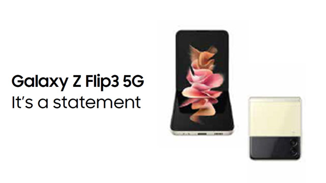 Auf weißem Grund: "Galaxy Z Flip3 5G" Text, ein offenes, schwarzes Klapphandy mit Blumenbildschirm und ein zweites, zugeklapptes Handy.
