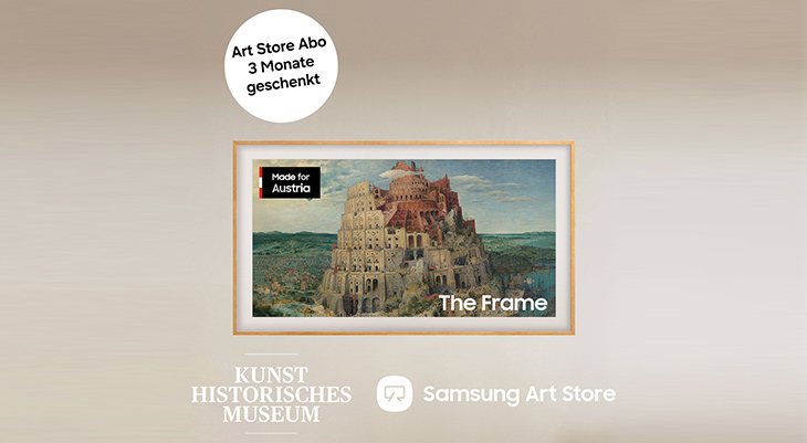 Samsung The Frame TV zeigt Bruegels "Turmbau zu Babel", Art Store Abo 3 Monate geschenkt, Kooperation mit Kunsthistorischem Museum