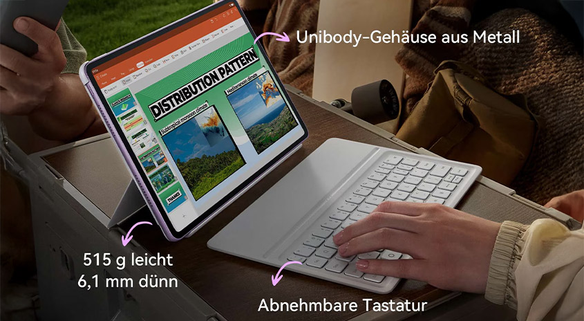  Tablet auf einem Tisch mit abnehmbarer Tastatur, darauf eine Präsentation mit Bildern; Bildtexte heben Unibody‑Metallgehäuse, 515 g Gewicht und 6,1 mm Dünne hervor.