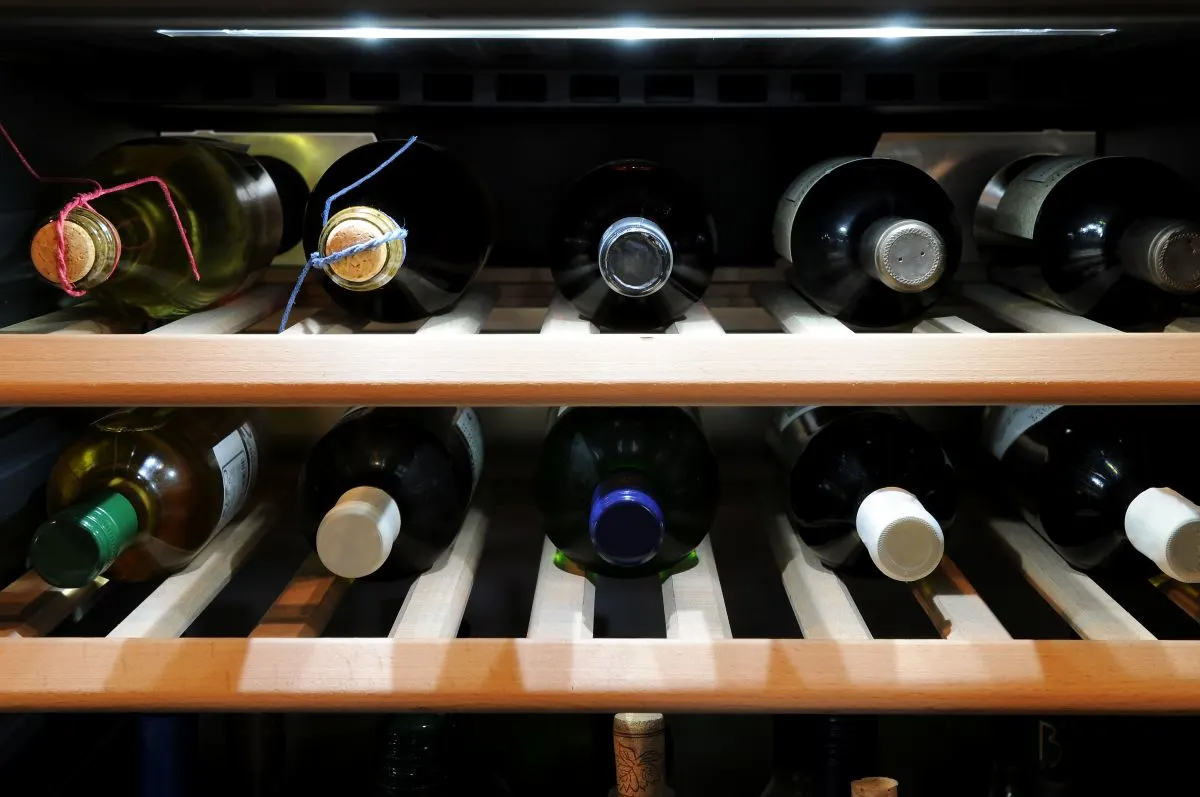 2 Regalreihen eines Weinkühlschranks, befüllt mit mehreren Falschen Wein
