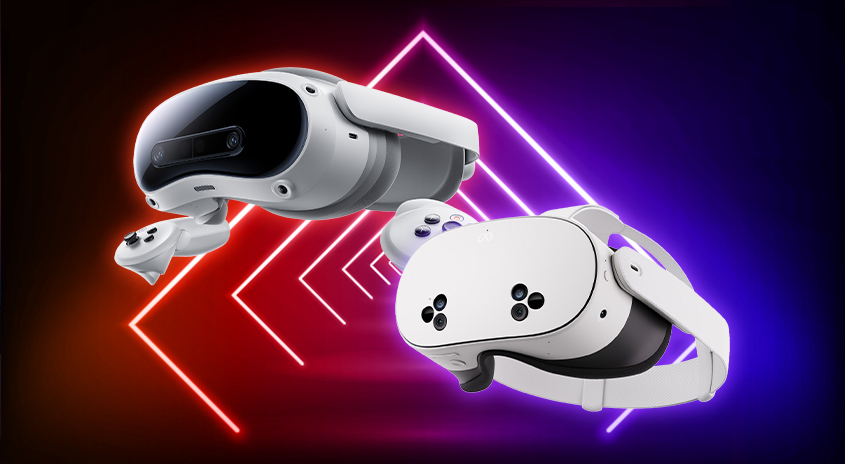 Zwei weiße VR-Headsets mit Controllern vor einem Hintergrund mit roten und violetten Neonlinien.