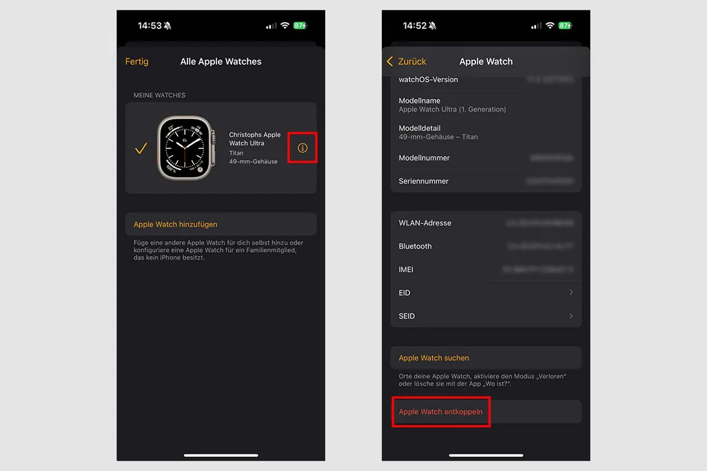 2 iPhones zeigen Einstellungen und Infos zu einer Apple Watch Ultra in der Watch App.