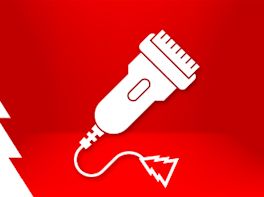 Weißes Piktogramm eines Rasierers vor weihnachtlich-rotem Hintergrund.