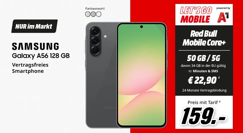 Samsung Galaxy A56, 128 GB, verschiedene Farben, vertragsfrei im Markt, mit Let's Go Mobile powered by A1, Red Bull Mobile Core+ Tarif um € 159,-