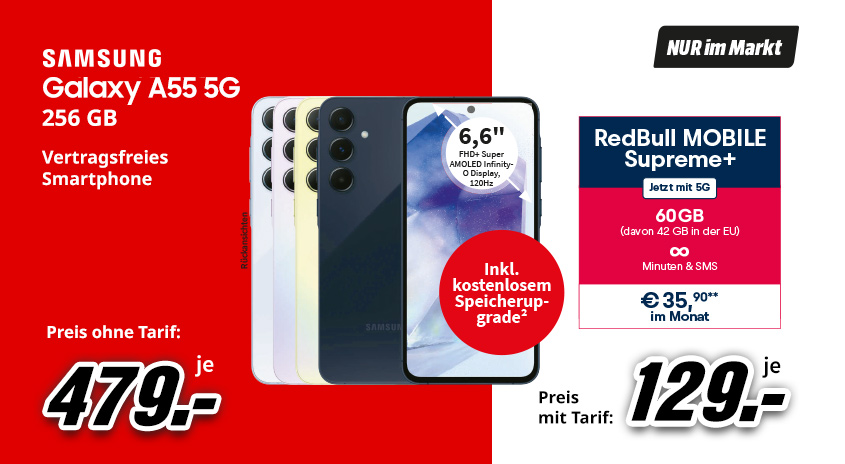 Drei Samsung Galaxy A55 5G Smartphones in Weiß, Gelb und Schwarz. Angebot für 479 € ohne Tarif, 129 € mit Red Bull Mobile Tarif.