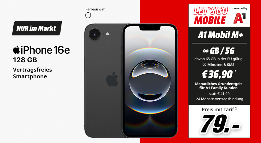 iPhone 16e, 128 GB, verschiedene Farben, vertragsfrei im Markt, mit A1 Mobil M+ Tarif um  € 79,-