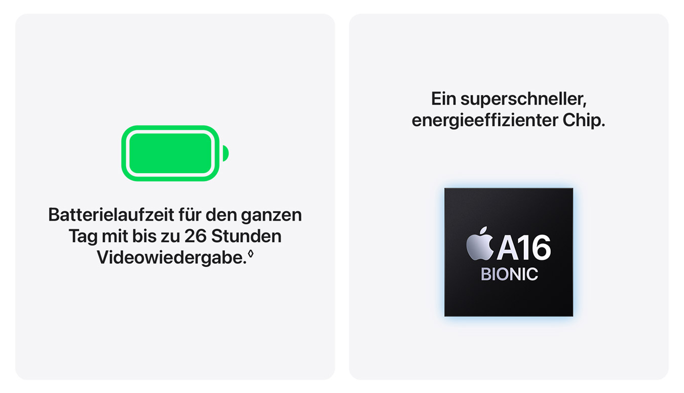 Batterielaufzeit für den ganzen Tag mit bis zu 26 Stunden Videowiedergabe.◊ — Ein superschneller energieeffizienter Chip.