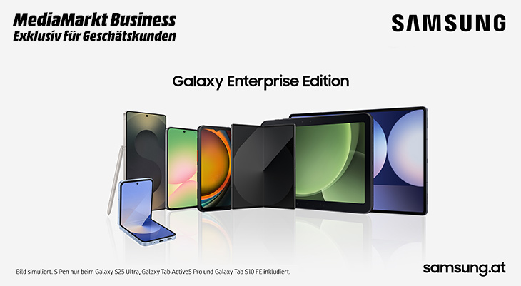 Samsung Galaxy Enterprise Edition – Werbebanner von MediaMarkt Business (exklusiv für Geschäftskunden) mit einer Produktreihe aus Samsung-Smartphones und -Tablets, darunter Galaxy S25 Ultra, Galaxy Z Flip, Galaxy Tab Active5 Pro und Galaxy Tab S10 FE, vor hellem Hintergrund.