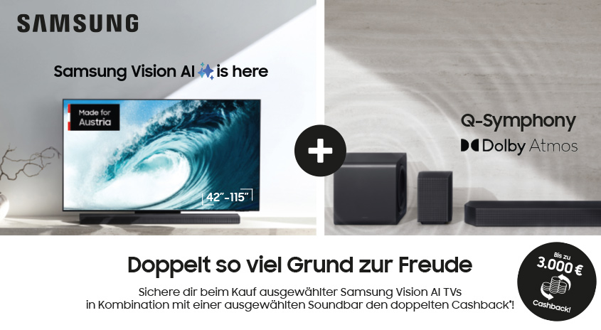 Samsung Neo QLED TV zeigt eine Welle. Ein Pluszeichen und eine Q Symphony Soundbar. Eine schwarze Bubble mit 3000 Euro Cashback
