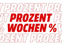 Das Bild zeigt den Text "PROZENT WOCHEN" in großen, fettgedruckten roten Buchstaben in der Mitte. Im Hintergrund wiederholt sich das Wort "PROZENT" in weißen, Großbuchstaben mit rotem Rand. Außerdem sind Prozentzeichen (%)  zu sehen. 