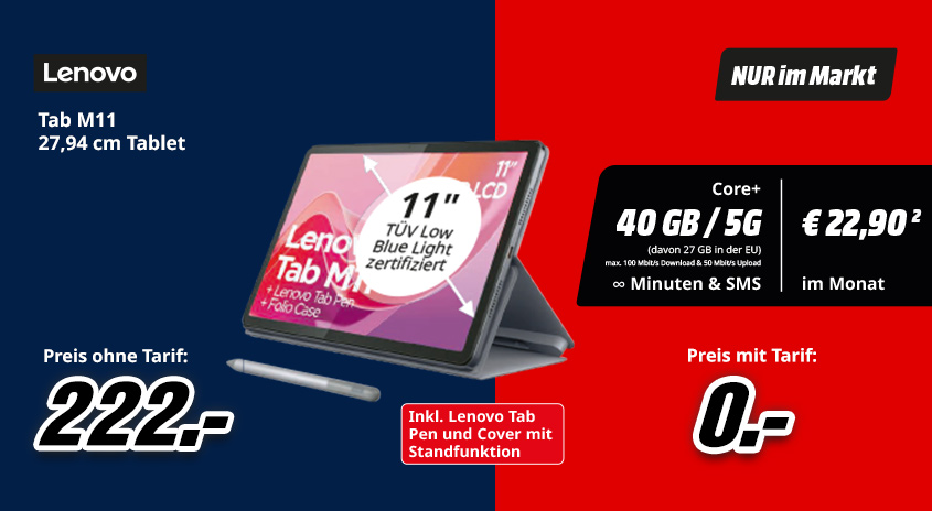 Lenovo Tab M11 auf blau-rotem Hintergrund. Tablet mit Stift und Cover. Angebotsdetails und Preisinformationen auf dem Bild.