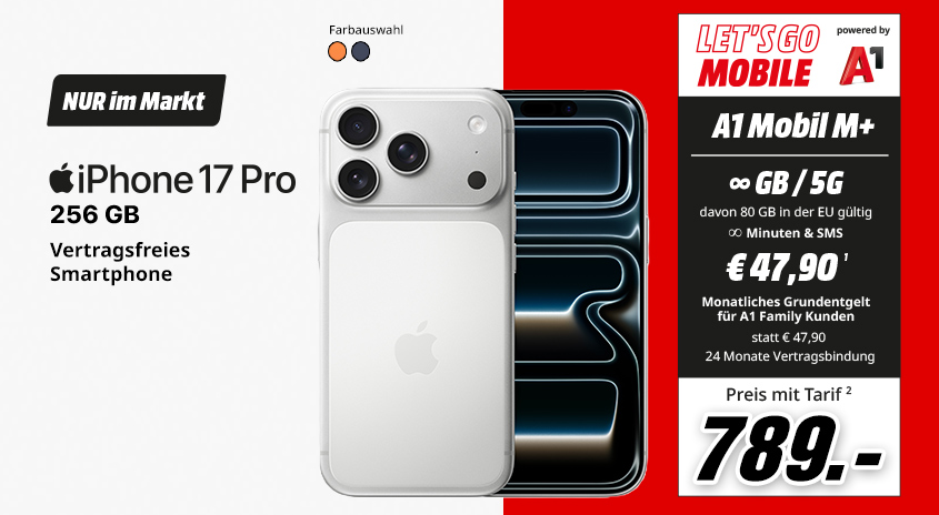 Apple iPhone 17 Pro 256 GB mit A1 Mobil M+ Tarif, Preis 789 Euro