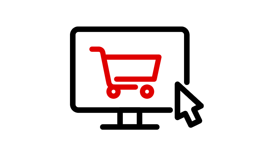 Ein schwarzer Computermonitor zeigt einen roten Einkaufswagen. Ein schwarzer Mauszeiger befindet sich rechts vom Monitor.