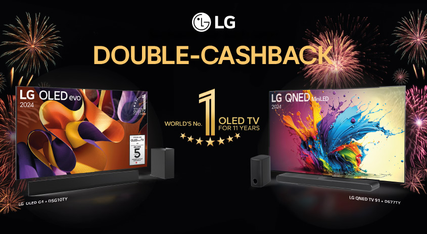Zwei LG-Fernseher mit Soundbars vor Feuerwerk. Text: "Double Cashback". Goldene Nummer 1 mit Sternen.