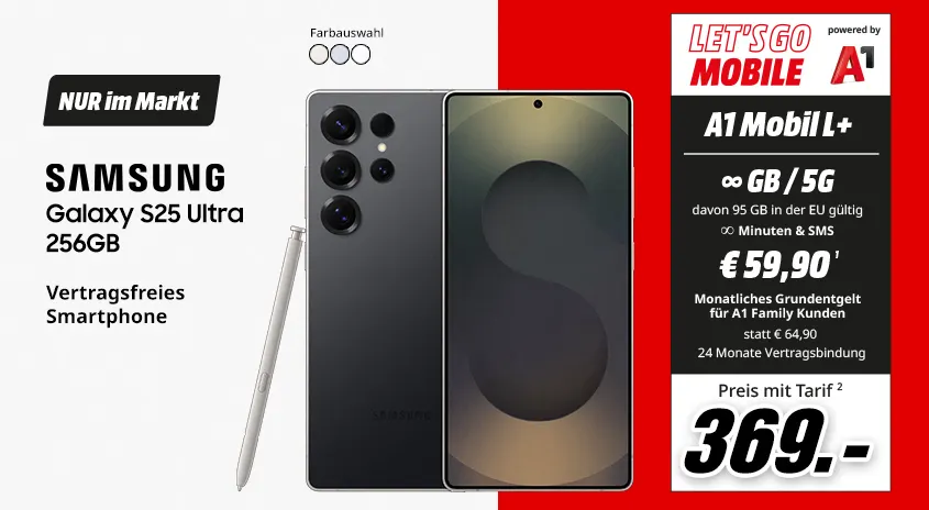 Samsung Galaxy S25 Ultra, 256 GB, verschiedene Farben, vertragsfrei im Markt, mit Let's Go Mobile powered by A1 Mobil L+ Tarif um € 369,-