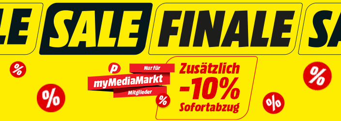 Bild mit gelben Hintergrund. In großer Schrift: SALE Finale. Darunter der Text: Nur für myMediaMarkt Mitglieder zusätzlicher 10% Sofortabzug.