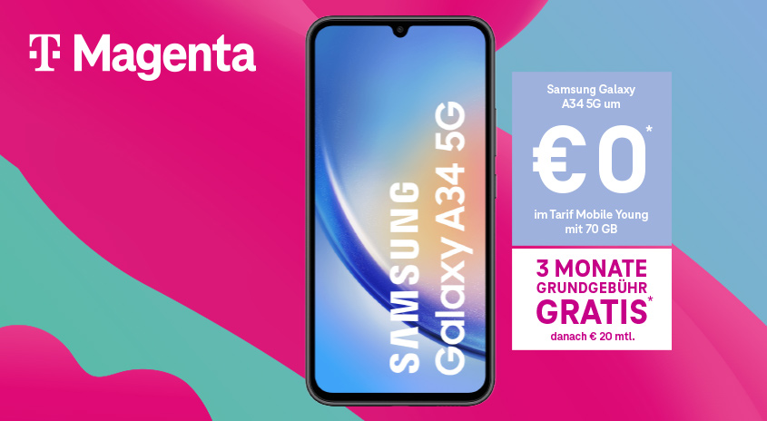 Werbebild: Samsung Galaxy A34 5G mit Magenta-Logo, Tarifangebot. Hintergrund pink und türkis.