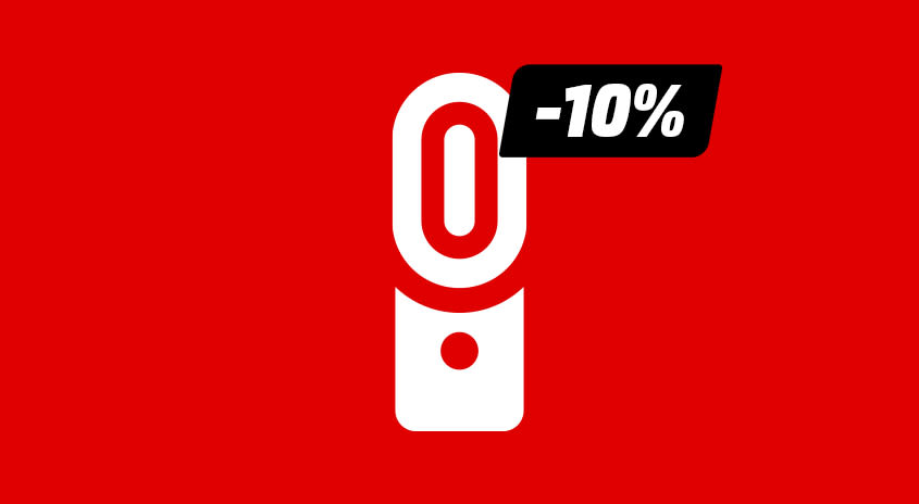 Bild mit rotem Hintergrund. Darauf ist ein weißes Piktogramm eines Ventilators zu sehen mit einem Einklinker mit dem Text: -10%.