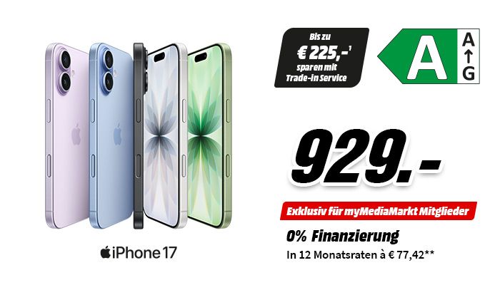 Apple iPhone 17 in mehreren Farben; 929,-; bis zu 225,- sparen mit Trade‑In; exklusiv für myMediaMarkt Mitglieder; 0% Finanzierung: 12×77,42 €; A/A↑G.