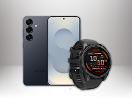 Produktbild eines Smartphones und einer Smartwatch vor weiß-grauem Hintergrund.