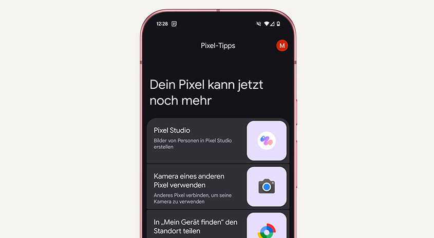 Auf einem Smartphone-Bildschirm werden Pixel-Tipps mit Optionen wie Pixel Studio und Kameranutzung angezeigt.
