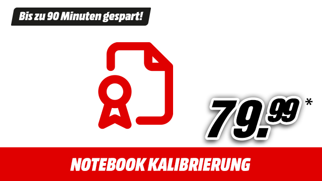 Roter Dokumenten-Icon, Preis 79,99, roter Balken mit "NOTEBOOK KALIBRIERUNG", schwarzer Banner "Bis zu 90 Minuten gespart!".