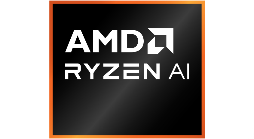 Schwarzer Hintergrund mit orangefarbenem Rahmen, darauf der weiße Schriftzug "AMD Ryzen AI" mit einem stilisierten Pfeil.