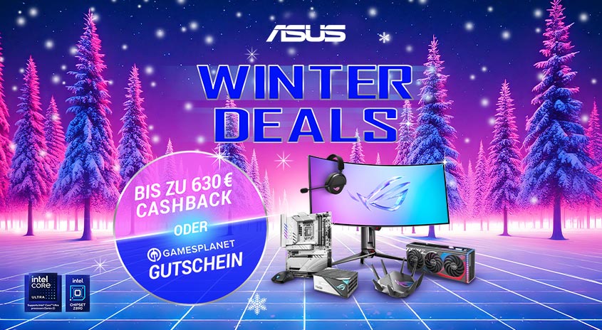 Winterliche ASUS-Anzeige mit PC-Komponenten. Im Hintergrund verschneite Bäume und die Aufschrift "Winter Deals". Angebote für bis zu 630 € Cashback.