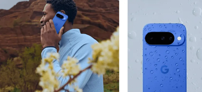 Mann telefoniert mit blauem Smartphone vor roten Hügeln und gelben Blüten. Rechts: Nasses blaues Smartphone mit G-Logo und Kameraleiste.