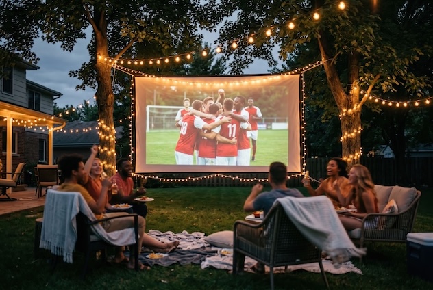 Freunde sehen ein Fußballspiel auf einer Leinwand im grünen Garten mit Lichterketten. Sie sitzen, essen und jubeln.