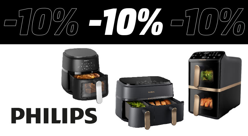 Bild mit weiß-schwarzem Hintergrund. Oben im schwarzen Bereich steht "-10%, darunter ist links das Logo von Philips und rechts davon drei Airfryer zu sehen.