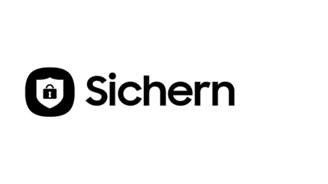 Schwarzes "Sichern"-Logo mit einem Schildsymbol, das ein Vorhängeschloss zeigt, auf einem weißen Hintergrund.