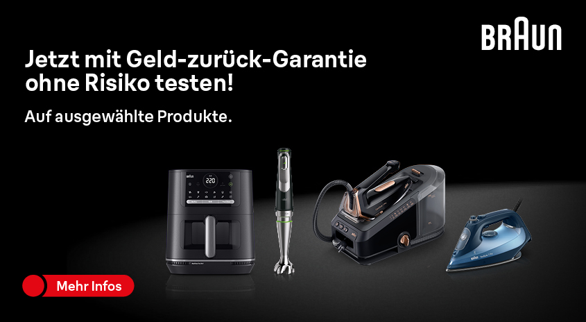 Braun Aktion: Jetzt mit Geld-zurück Garantie ohne Risiko testen! Auf ausgewählte Produkte. Abbildung einer Kaffeemaschine, Stabmixer, Bügeleisen und Dampfbügelstation.