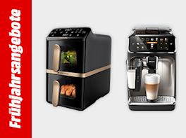 Bild mit hellgrauem Hintergrund und einem roten Streifen links und weißem Text "Frühjahrsangebote"; rechts im Bild eines Airfryers und eines Kaffeevollautomaten
