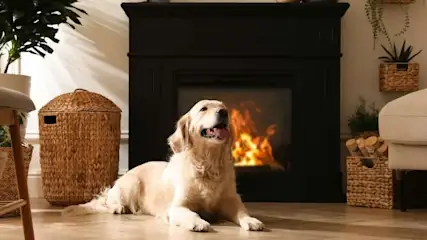 Hund genießt die Wärme vor dem Elektrokamin mit Heizung.