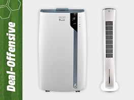 Produktbild von einem mobilen Klimagerät und schlanker Turmventilator in Weiß