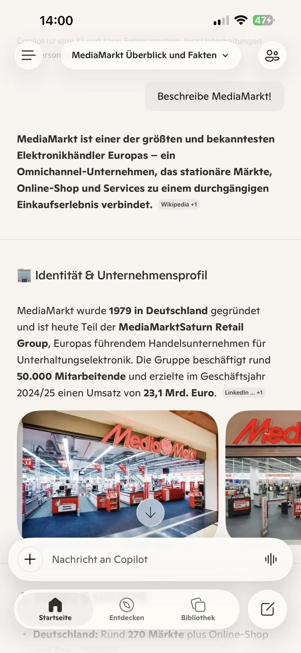 Smartphone‑Screenshot der MediaMarkt‑Übersicht mit Firmenprofil, Gründungsjahr, Mitarbeiterzahl, Umsatzzahlen und Vorschaubild einer Filiale.