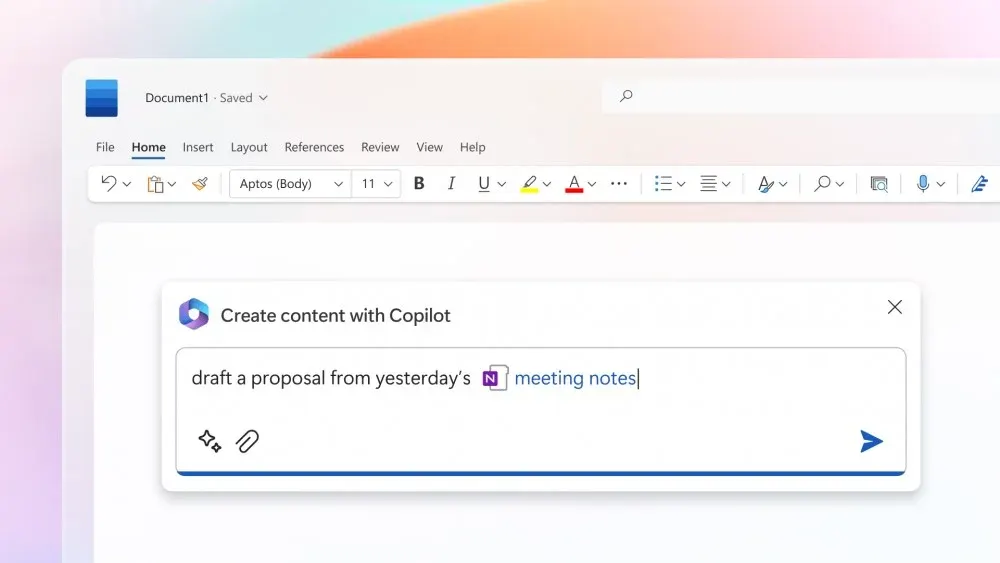 Screenshot eines Word‑Dokuments mit eingeblendetem „Create content with Copilot“-Feld und Eingabetext „draft a proposal from yesterday’s meeting notes“.