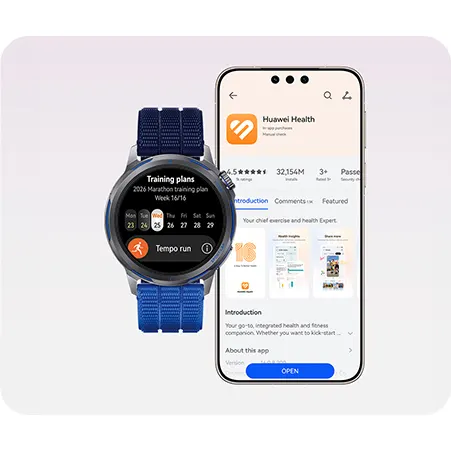 Huawei Health App auf dem Smartphone abgebildet, daneben die Huawei Uhr.