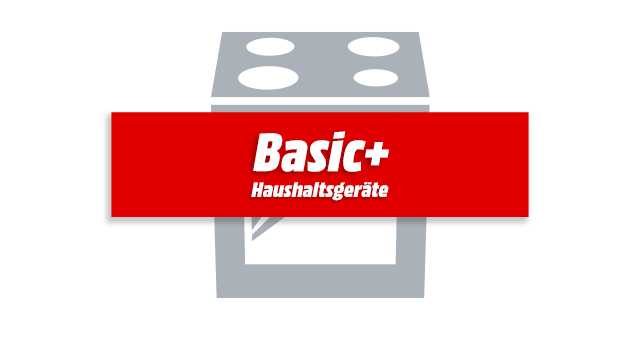 Grauer Herd mit vier Kochfeldern und Ofen. Darauf ein rotes Rechteck mit weißer Schrift "Basic+ Haushaltsgeräte".