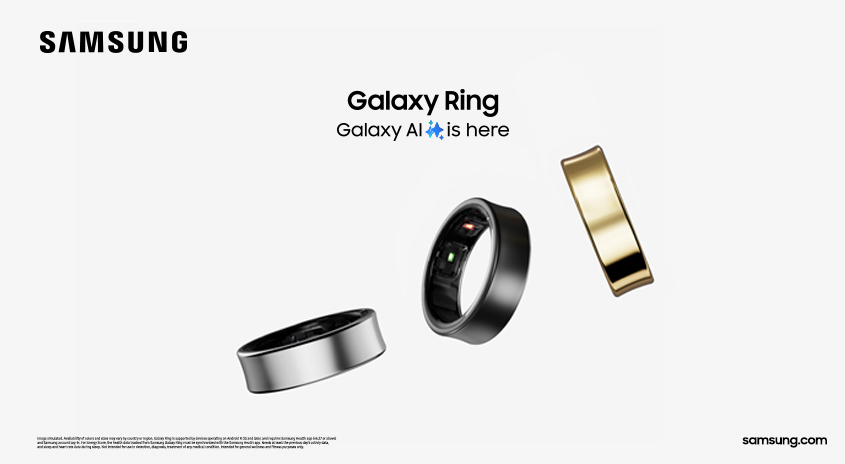 Drei Samsung Galaxy Ringe in Silber, Schwarz und Gold schweben vor einem weißen Hintergrund. Das Samsung-Logo ist sichtbar.
