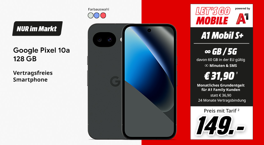Google Pixel 10a, 128 GB, verschiedene Farben, vertragsfrei im Markt, mit Let's Go Mobile powered by A1 Mobil S+ Tarif um  € 149,-