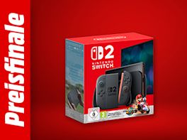 Bild mit rotem Hintergrund. Links steht: Preisfinale, daneben das Produktbild einer Nintendo Switch 2.