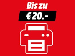 Roter Hintergrund mit Text: Bis zu € 20,-. Darunter ein Iconbild von einem Drucker.