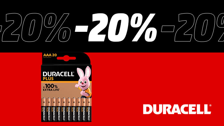 Eine Batterie-Packung von Duracell steht links im Bild mit rot-schwarzem Hintergrund. Im oberen Bereich des Bildes steht mehrmals in großer Schrift "-20%". Rechts unten steht das Duracell-Logo.